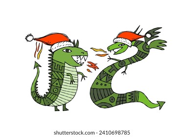 Couple of Dragons character with Santa hats. Symbol of Chinese New Year 2024 for your design