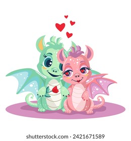Couple of dragons in love symbol of the year, green dragon takes care of dragon girl, simple simple vector illustration