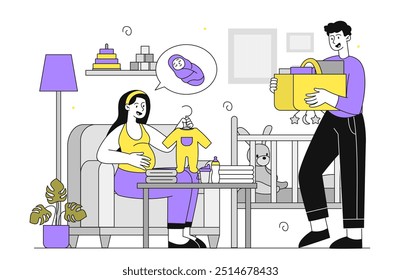 Couple dream about child. Man and pregnant woman furnishing nursery. Toys and clothes for babies, lullaby. Husband and wife indoors. Linear vector illustration isolated on white background