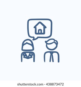 Pareja soñando con el icono del boceto vectorial de la casa aislado en el fondo. Pareja dibujada mano soñando con el ícono de la casa. Pareja soñando con el icono del boceto de la casa para infografía, sitio web o aplicación.