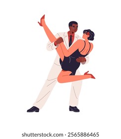 Couple in dress, suit dances hustle in competition. Dancers perform with passion together. Partners performers move with Latin music, show zouk in class. Flat isolated vector illustration on white