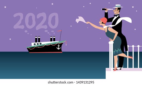 Couple dressed in 1920 fashion greeting a ship representing a new 2020 year, EPS 8 vector illustration