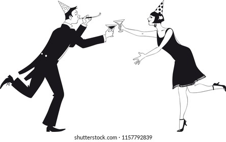 Couple dressed in 1920 fashion having champagne and celebrating Christmas, new year or a birthday, EPS 8 vector illustration, no white objects