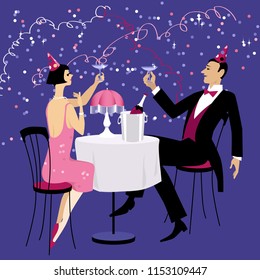 Couple dressed in 1920 fashion sitting at the table in a nightclub, having champagne and celebrating Christmas, new year or a birthday, EPS 8 vector illustration
