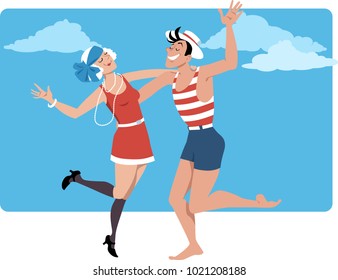 Couple dressed in 1920s style swim suits dancing thew Charleston on the beach, EPS 8 vector illustration 