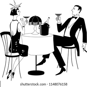 Couple dressed in 1920th period clothes having champagne in a night club, EPS 8 black vector line illustration, no white objects