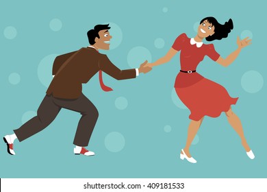 Couple dressed in 1940s fashion dancing lindy hop or swing, EPS 8 vector illustration, no transparencies