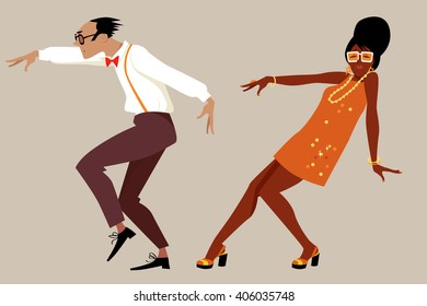 Couple dressed in 1960 fashion dancing a novelty dance, EPS 8 vector illustration, no transparencies 