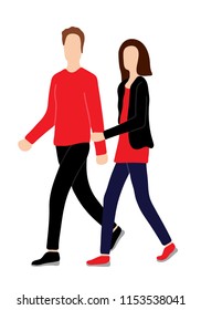 A couple dressed in casual style walking and performing outdoor activities on city street. Some are holding smartphones. Cartoon colorful flat vector illustration isolated on white background.