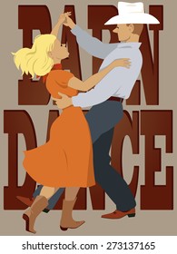 Couple dressed in country-western style dancing polka, lettering 'barn dance' on the background, vector illustration, no transparencies, EPS 8