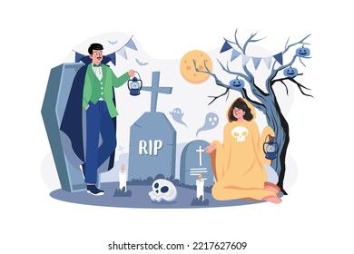 The Couple Dressed Up As Demons And Ghosts With Tombstones, Skulls, And Candles.