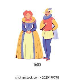 Couple dressed in fashion of seventeenth century flat isolated vector illustration