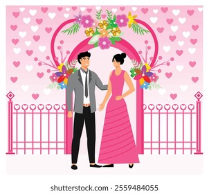 Couple dressed formally, standing beneath a floral arch with a romantic theme emphasized by pink hearts and flowers. Flat vector modern illustration 