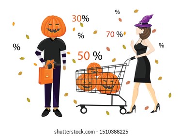 Couple dressed in halloween holiday outfit shopping with cart vector. Special offer sale. Flat style