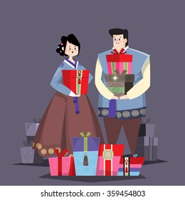 A couple dressed in Korean traditional costume called Han-bok. Gifts for holiday on a floor. 