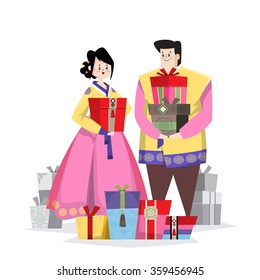 A couple dressed in Korean traditional costume called Han-bok. Gifts for holiday on a floor.