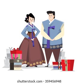 A couple dressed in Korean traditional costume called Han-bok. Gifts for holiday on a floor.