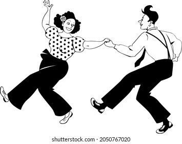 Couple dressed in retro fashion dancing lindy hop or swing, EPS 8 vector illustration, no white objects