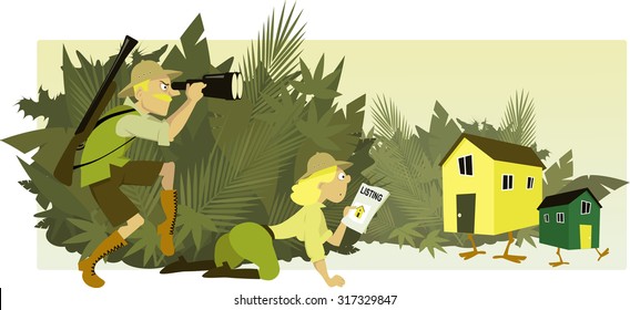 Couple dressed in safari style clothes staking out houses with legs hiding in the bushes, EPS 8 vector illustration, no transparencies 