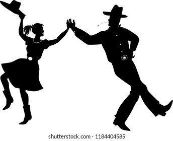 A couple dressed in traditional country western costumes dancing, EPS 8 vector silhouette illustration
