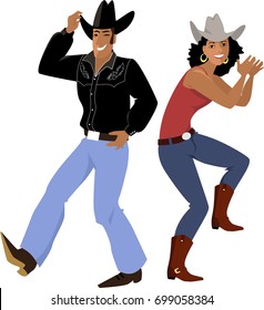 Couple dressed in traditional country western clothes dancing line dance, EPS 8 vector illustration