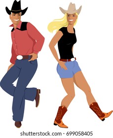 Couple Dressed In Traditional Country Western Clothes Dancing Line Dance, EPS 8 Vector Illustration