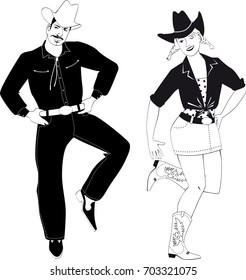 Couple Dressed In Traditional Country Western Clothes Dancing Line Dance, EPS 8 Vector Line Illustration, No White Objects, Black Only