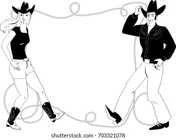 Couple Dressed In Traditional Country Western Clothes Dancing Line Dance, Lasso Frame On The Background, EPS 8 Vector Line Illustration, No White Objects, Black Only