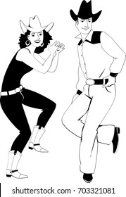 Couple Dressed In Traditional Country Western Clothes Dancing Line Dance, EPS 8 Vector Line Illustration, No White Objects, Black Only