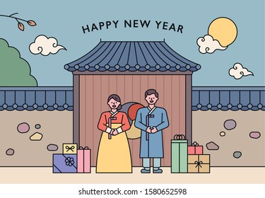 Pareja vestida con trajes coreanos tradicionales se saludan entre ellos con montones de cajas de regalo. Fondo de casa tradicional coreano. ilustración vectorial mínima de diseño plano.