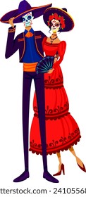 Couple dressed in traditional Mexican Day of the Dead costumes with painted skulls. Dia de los Muertos celebration and festivity vector illustration.