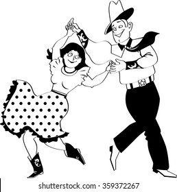 A couple dressed in traditional western costumes dancing square dance or contradance, EPS 8 vector line illustration, no white objects