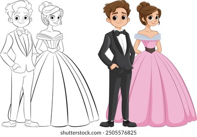 A couple dressed in tuxedo and gown