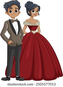 A couple dressed in tuxedo and gown