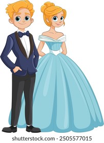 A couple dressed in a tuxedo and gown