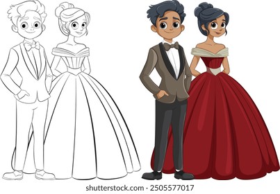 A couple dressed in tuxedo and gown