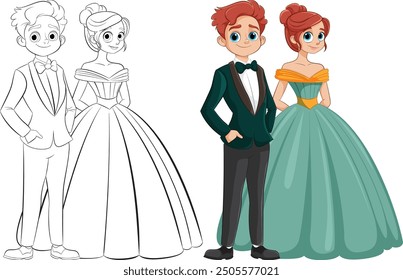 A couple dressed in tuxedo and gown