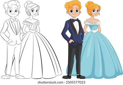 A couple dressed in tuxedo and gown