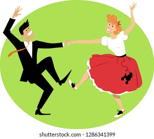 Couple dressed in vintage closes, dancing rock and roll, EPS 8 vector illustration