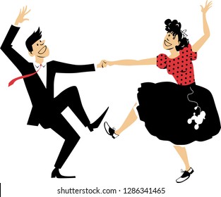 Couple dressed in vintage closes, dancing rock and roll, EPS 8 vector illustration