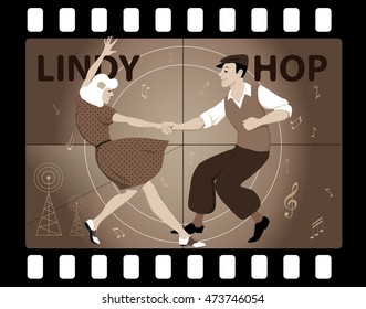 Couple dressed in vintage fashion dancing Lindy Hop in an old movie frame, EPS 8 vector illustration, no transparencies