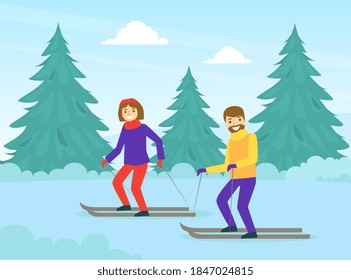 Couple Dressed in Warm Clothing Skiing in Winter Landscape, Outdoor Activity During Winter Holidays Vector Illustration