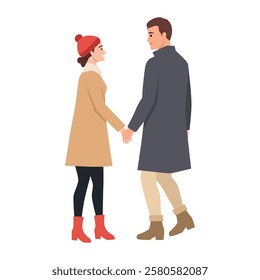 Couple dressed in warm winter attire holds hands while walking together, enjoying the cold weather. Flat vector illustration isolated on white background