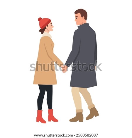 Couple dressed in warm winter attire holds hands while walking together, enjoying the cold weather. Flat vector illustration isolated on white background