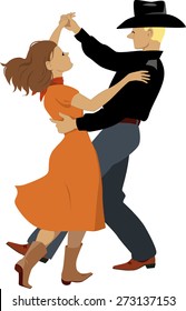 Couple, dressed in Western country clothes dancing polka or contra-dance, vector illustration, no transparencies, EPS 8