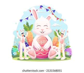 A couple dresses up like bunnies on easter day with a big bunny holding a decorated easter egg. Flat style vector illustration