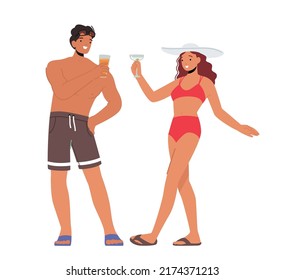 Bebe alcohol en pareja, personajes turísticos en vacaciones de verano. Joven mujer y hombre tomando cócteles en la fiesta de la playa, gente relajándose en la piscina o en el complejo tropical. Ilustración del vector de dibujos animados