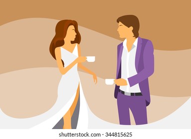 Couple Drink Coffee, Man and Woman Flat Vector Illustration