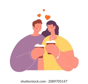 Couple drink take away coffee. Dating in cafe, relaxation or use energy drinks with caffeine. Happy friends meeting on breakfast or lunch utter vector scene