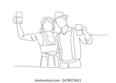 Couple drinking beer. Oktoberfest concept one-line drawing